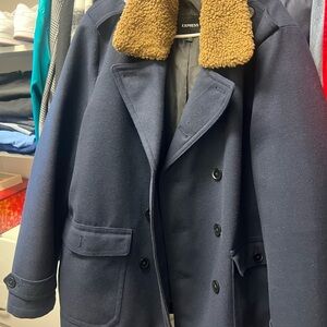 Express Men's Dark Blue Peacoat with Tan Collar